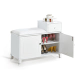 White Shoe Storage Bench Cabinet with Fireproof PU Cushion, Doubles and Movable Drawer Wood for W76058191