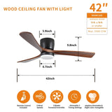 ZNTS 42 inch Black Wood Ceiling Fans Lights and Remote, Modern Flush Mount Low Profile Ceiling Fan W2352P154687