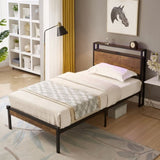 Twin Size Metal Platform Bed Frame with Wooden Headboard and Footboard with USB LINER, No Box Spring W2297P222789