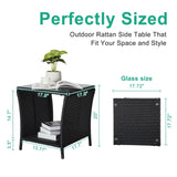 Outdoor Patio Wicker Side Table, Square End Table Bistro Coffee Table with Glass Top Storage Shelf 22548408