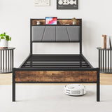 Twin Size Bed Frame, Storage Headboard with Charging Station, Solid and Stable, Noise Free, No Box W840120026