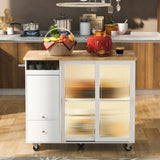 Kitchen Island with Drop Leaf, LED Light Kitchen Cart on Wheels with 2 Fluted Glass Doors and 1 Flip WF311171AAW