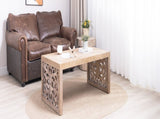 47.2" Rustic Carved Wood Coffee Table Handcrafted Look with Ornate Side Panels, Natural Finish W2729P298156
