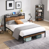 Full Size Metal Platform Bed Frame with Wooden Headboard and Footboard with USB LINER, No Box Spring W31183489