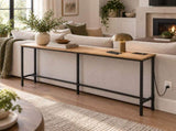 62.99"x7.87"x31.10" Console Table, MDF with Melamine Veneer & Iron Frame, with Power Outlet, Oak 30478404