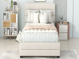 Queen Upholstered Platform Bed with Twin Size Trundle and Two Drawers, Beige 25388983