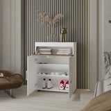 FM FURNITURE North Fork Shoe Rack, Pneumatic Lift-Up Compartment, Dual Doors, White and Natural Oak B128P301388