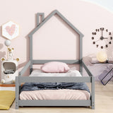 ZNTS Twin Size Wood bed with House-shaped Headboard Floor bed with Fences,Grey W504102757