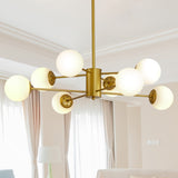 Modern 8-Light Gold Chandelier with White Glass Globe Shades, Mid-Century Branching Design, Elegant W1340P211849