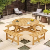 ZNTS Outdoor 8 Person Picnic Table, 8 person Round Picnic Table with 4 Built-in Benches, Umbrella Hole, W2275P149764