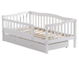 Painted Wooden Children's Bed with Vertical-Slat Railings and 2 Storage Drawers Pine Wood Bedside 20163269