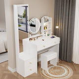 Full Body Mirror Cabinet Round Mirror LED Vanity Table Cushioned Stool, With 2 AC 2 USB Power W936P160027