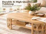 2-Tier Oval Coffee Table, 37.8" x 19.7" x 18.1", Melamine MDF & Iron Frame, Rattan Shelf, Wood Grain 74303718