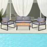 ZNTS 4 Piece Outdoor Patio Lounge Conversation Set, Metal Frame with Acacia Wood Armrest & Tabletop 48002606