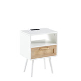 15.75" Rattan End table with Power Outlet & USB Ports , Modern nightstand with drawer and solid wood W126573114