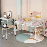 ZNTS Twin Size Metal Loft Bed with Desk and Shelves,White MF292498AAK