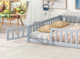 Full Size Floor Bed with Fence and Door,Rubber Wood Floor Bed with Safety Guardrails,Grey W504P296784