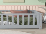 Twin Size Floor Bed with Fence without Door, Rubber Wood Floor Bed with Safety Guardrails,Grey W504P296793