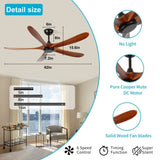 62 Inch wood Ceiling Fan no light with Remote Control, Low Profile Ceiling Fan without W2352P306690