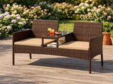 2-Seat PE Wicker Patio Loveseat Set, Outdoor Rattan Sofa with 2-Tier Tempered Glass Table, Thick 35376082