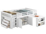 Twin Loft with Storage Cabinet, Drawer and Shelf Cabinet and Pulling-Out Desk, Rubber Wood Loft 20122803