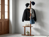Freestanding Wooden Coat Rack with 8 Staggered Hooks & 2 Storage Shelves, Rubber Wood Hall Tree 96110880