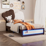 ZNTS Twin Size Upholstered Platform Bed with Bear Shaped Headboard, LED Light Strips, White + Brown WF323767AAK