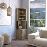 Syrah Corner Bar Cabinet, Eight Bottle Cubbies, Double Door, Two Open Shelves Macadamia B200P242412