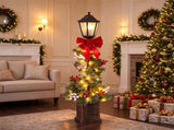 4FT Snow Flocked Christmas Lamp Post with 50 Warm White LED Lights, Large Red Bow & Pine Cones, 06658502