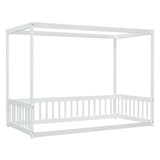 ZNTS Twin Size Canopy Frame Floor Bed with Fence, Guardrails,White W504P143278