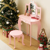 Kids Vanity Table and Chair Set, 2-in-1 Girls Vanity with Tri-Folding Mirror & 3-Color LED Lights, 1 83208764