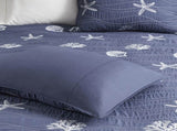 4 Piece Cotton Reversible Embroidered Quilt Set with Throw Pillow Navy Full/Queen B03595792