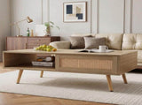 41.3 Inch Rattan Coffee Table Sliding Storage Door, Rectangle Wooden Accent Center Sofa Table 04362039