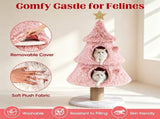 Pink Xmas Tree Themed Cat Tower, Multi-Layer Corner Cat Tree with 2 Deluxe Semi-Enclosed Condos, 58737760