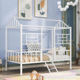 Metal House Bed Frame Twin Size with Slatted Support No Box Spring Needed White MF289091AAK