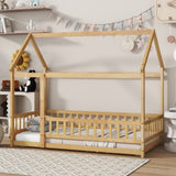 Twin Size House Floor Wooden Bed with Roof Frame,Safety Guardrails,Natural W504P286404
