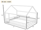 Full Size Floor Wooden Bed with House Roof Frame, Fence Guardrails,White W1858P389981