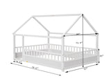 Full Size Floor Wooden Bed with House Roof Frame, Fence Guardrails,White W1858123986
