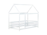 Twin Size House Floor Wooden Bed with Roof Frame,Safety Guardrails,White W504P286403