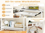 White Mobile Computer Desk with Keyboard Tray & Storage Shelf, 360&deg Lockable Casters for Home 97064400
