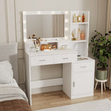 The white vanity with a mirror is equipped with a hair dryer rack, while the vanity in the bedroom W1320P186705