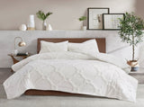 3 Piece Tufted Cotton Chenille Geometric Comforter Set Off-White Full/Queen B03597079