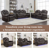 Home Theater Seating Manual Recliner Chair with Center Console and LED Light Strip for Living Room, WF310727AAD