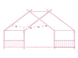 Pink Flat Bed House Shape with Side Guardrails Twin Children's Iron Bed 57389908