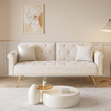 A 69.7-inch-long sofa bed covered in beige velvet fabric, featuring nail head trim and accompanied W3356P298442