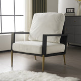 Modern Low Back White Upholstered Accent Armchair with Gold Metal Legs & Rubberwood Frame, Chic Wide N817P237961W