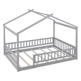 ZNTS Full Size Wood Bed House Bed Frame with Fence, for Kids, Teens, Girls, Boys,Gray WF302177AAE