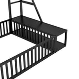 Full Size Floor Bed Frame with Safety Fence, Metal Floor Bed with Desk and Storage Shelves, W1580P240070