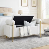 Elegant Upholstered Linen Storage Bench with Cylindrical Arms and Iron Legs for Hallway Living Room W487128010