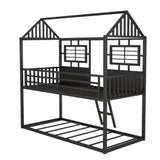 ZNTS Twin over Twin Size Metal Low Bunk Beds with Roof and Fence-shaped Guardrail, Black MF293553AAB